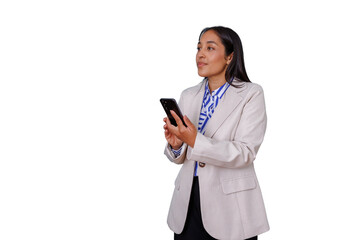 Businesswoman looking away while holding mobile phone, using app on transparent background for advertising