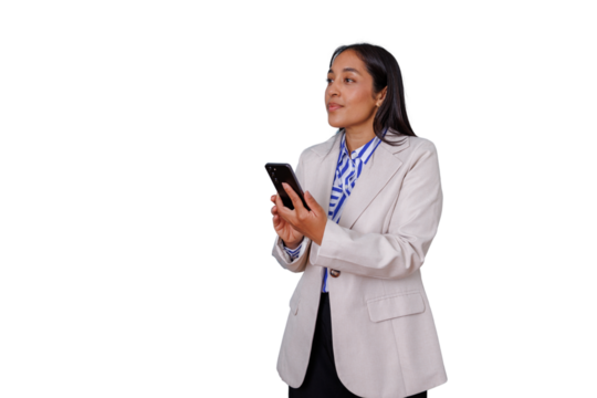 Businesswoman looking away while holding mobile phone, using app on transparent background for advertising