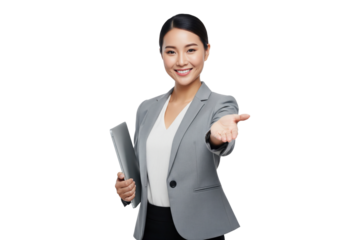 Smiling Asian businesswoman with a laptop offering a welcoming hand
