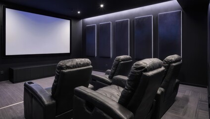 A modern home theater features a large screen, comfortable reclining seats, and soundproofing