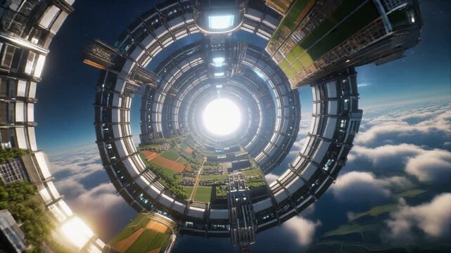 Futuristic orbital habitat with integrated green spaces and advanced technology creating a self-sustaining environment