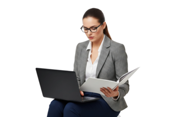 Businesswoman multitasking with a laptop and documents
