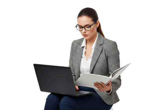 Businesswoman multitasking with a laptop and documents