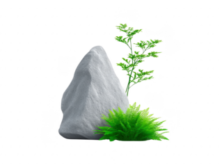 Gray stone green fern and leafy plant create natural tranquil scene perfect for garden design landscaping or nature themed backgrounds evoking calm and peaceful feelings