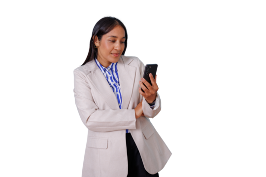 Confident businesswoman smiling, checking social media or messaging on her modern smartphone, connecting with a transparent background