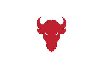 Powerful Red Buffalo Head Silhouette Logo with Intense Eyes and Horns for Branding