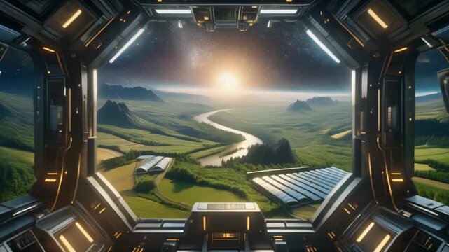 Futuristic cockpit view of a verdant landscape winding river, solar farms, bright sunrise. Vision of sustainable progress, technology harmonizing with nature