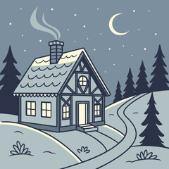 Fototapeta premium Cozy Winter Cabin Scene Under a Crescent Moon and Starry Night Sky house cottage
