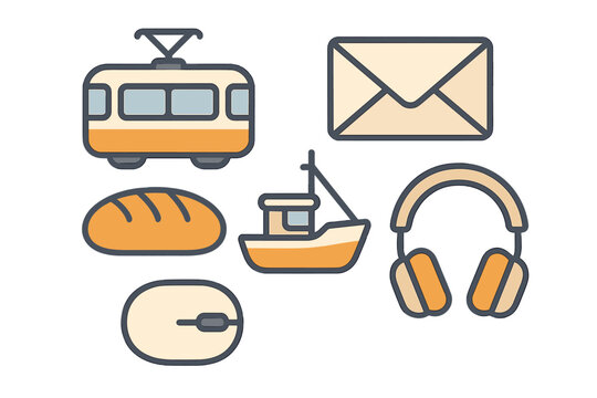 Set of stylized transportation food communication and technology icons