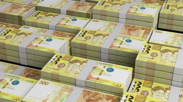 Philippines 500 Peso Banknote Horizontal 3D Animation ? Realistic Money Flow, Finance, Banking, Economy, and Investment Concept Visualization in High Detail