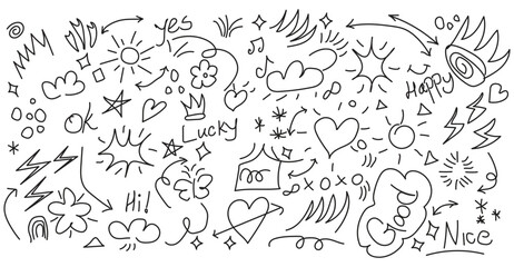 Hand Drawn Doodle Vector Elements: Arrows, Hearts, Stars, Words