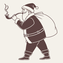 Santa Claus walking with a sack of gifts and smoking a pipe Father Christmas Saint Nicholas