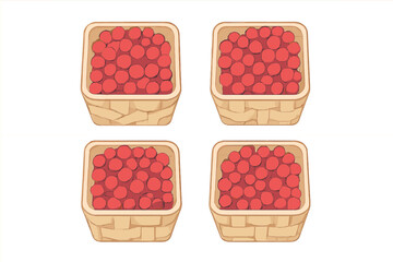 Four wicker baskets filled with bright red berries on white background