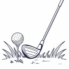 Golf Club and Ball on Tee in Grass Line Art golf ball