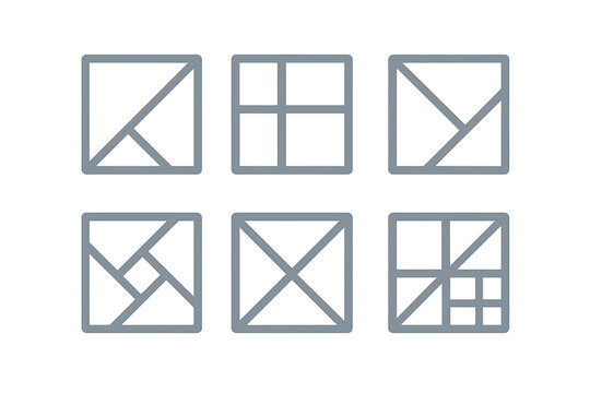 Six geometric square icons featuring internal line divisions