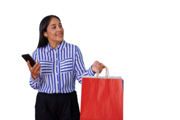 Happy woman holding red shopping bag and smartphone, enjoying retail therapy and modern commerce with transparent background
