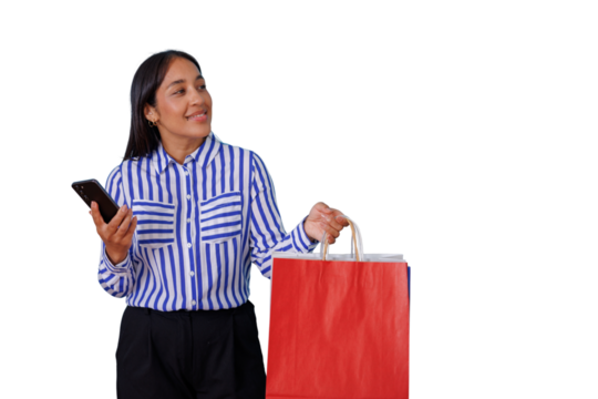 Happy woman holding red shopping bag and smartphone, enjoying retail therapy and modern commerce with transparent background
