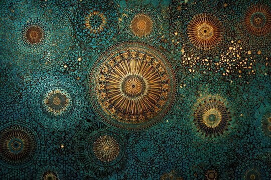 Elegant Teal and Gold Mandala Mosaic Design for Decor - Powered by Adobe