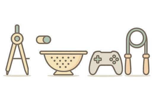 Diverse hobby and activity icons featuring drawing tool kitchenware and gaming controller