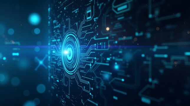 Digital Frontier: Illuminated circuit board with glowing blue details, symbolizing connectivity and technological advancement. - Powered by Adobe