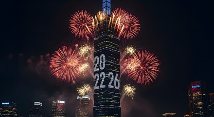 Obraz premium Skyscraper illuminated with 2020 and fireworks display