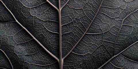 Close up image showcases the intricate vein structure of a dark leaf revealing natures detailed patterns and organic beauty in high resolution
