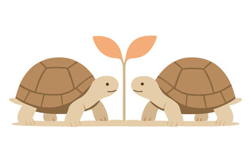 Two friendly tortoises observing a small growing plant sprout