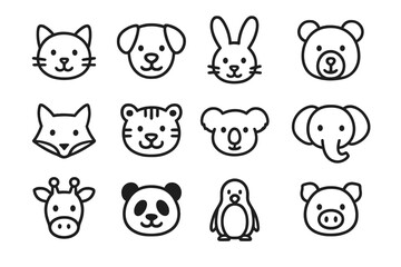 Cute simple black outline animal faces icons collection