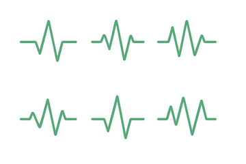Six green electrocardiogram heartbeat line icons for medical monitoring