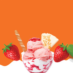 Strawberry ice cream with fresh cream and berries on a plate