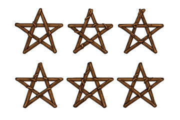 Six woven wooden pentagram star shapes with natural vine binding
