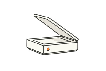 Flatbed scanner device with open lid and power button icon