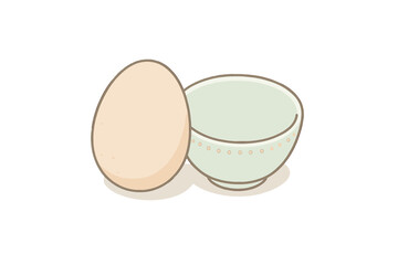 Whole brown egg beside small ceramic bowl on white background