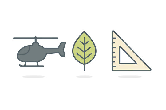 Three simple icons: helicopter, leaf, and geometric triangle ruler