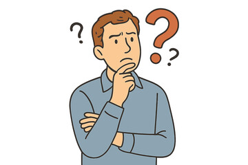 Confused man surrounded by large and small question marks indicating deep thought