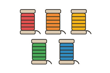 Five colorful thread spools in flat icon style