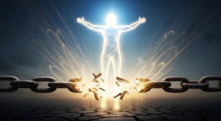 Broken chains transforming into light symbolizing freedom and liberation