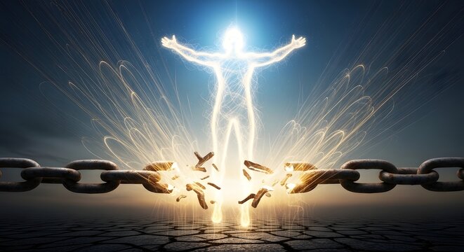 Broken chains transforming into light symbolizing freedom and liberation