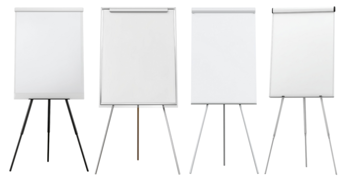 Set of blank flip charts on metal stands isolated on transparent background, concept for business presentation, meeting design and education