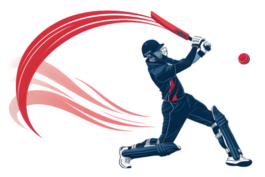 Cricket batsman in action hitting a powerful shot isolated on transparent background