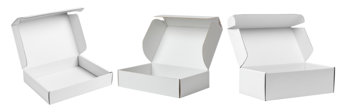 Set of open white cardboard boxes isolated on transparent background, concept of packaging, delivery, shipping and storage design
