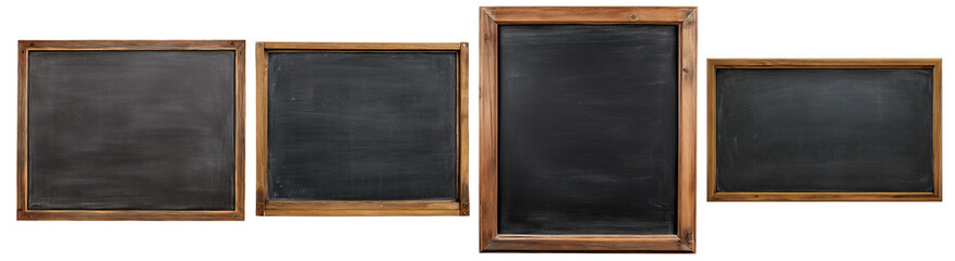 Set of vintage black chalkboards with wooden frames isolated on transparent background, concept of education, menu and retro design