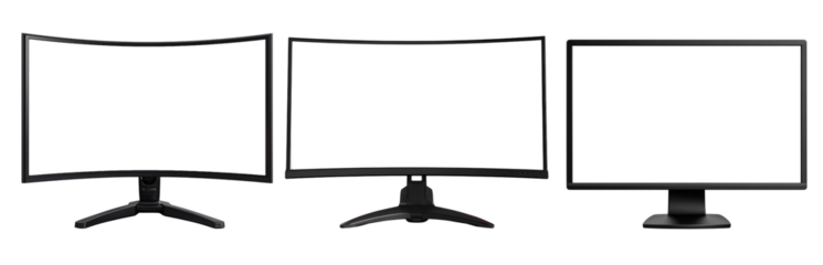 Set of modern computer monitors isolated on transparent background, concept of technology, office equipment and digital display design