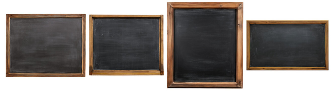 Set of vintage black chalkboards with wooden frames isolated on transparent background, concept of education, menu and retro design