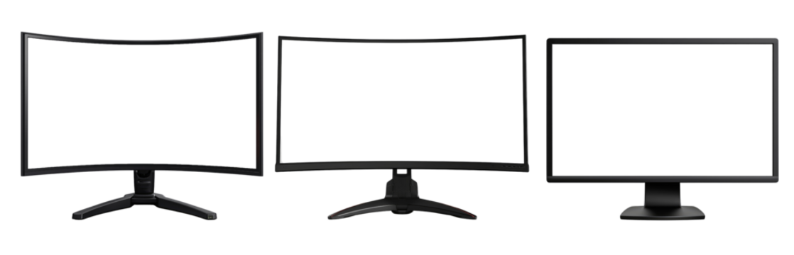 Set of modern computer monitors isolated on transparent background, concept of technology, office equipment and digital display design