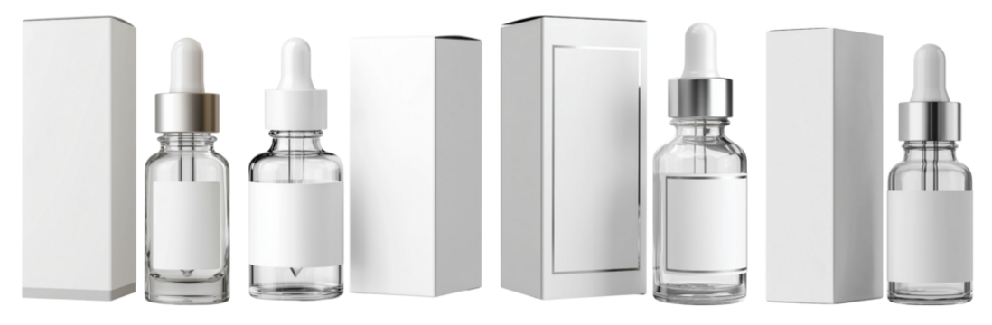 Set of transparent glass dropper bottles with white boxes isolated on transparent background, concept of skin care, cosmetic packaging and beauty product design