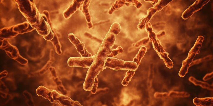 Close up microbiology illustration of bacteria cells in warm orange tones showing potential pathogens or viruses for scientific study