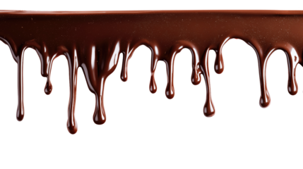 Dripping melted chocolate isolated on transparent background, concept of dessert topping, sweet glaze and confectionery design