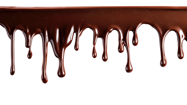 Dripping melted chocolate isolated on transparent background, concept of dessert topping, sweet glaze and confectionery design