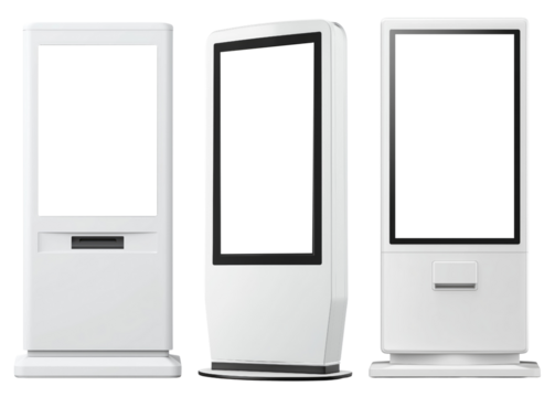 Set of digital display kiosks isolated on transparent background, concept of advertising, touchscreen technology and modern retail design